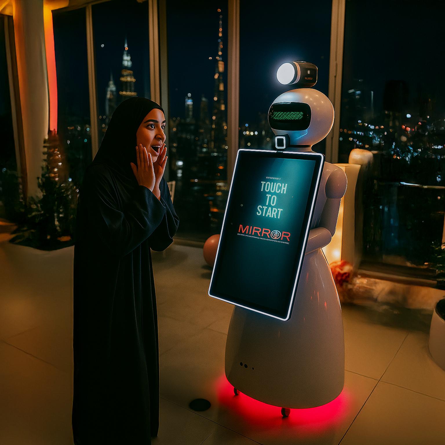 AI Robot Photo Booth at Dubai exhibition capturing branded, AI-enhanced photos for corporate event attendees in a vibrant, tech-driven setting